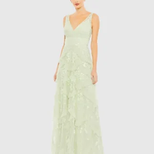 Sequined Scallop Ruffle Tiered V-Neck Gown