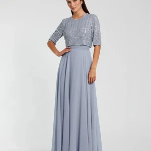 Blue Chiffon Gown w/ Fully Beaded 3/4 Sleeve Top