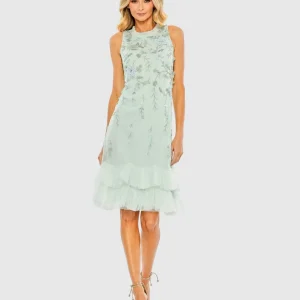 Green Embellished Ruffle Tiered High Neck Floral Dress