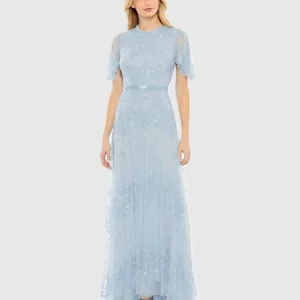 Blue Sequined High Neck Flutter Sleeve A Line Gown