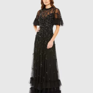 Black Ruffled Floral Embellished Flutter Sleeve A-Line Gown