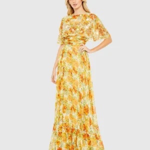Yellow High Neck A-Line Floral Gown with Cape Sleeves - FINAL SALE