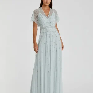 Blue V Neck Embellished Flutter Sleeve A Line Gown - FINAL SALE