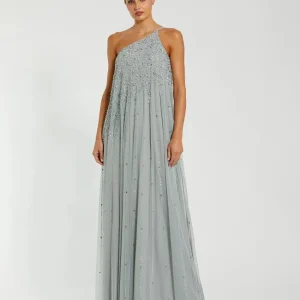 Green One Shoulder Embellished Trapeze A Line Gown