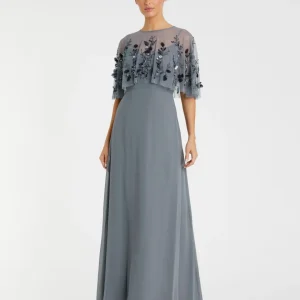 Gray Sleeveless Gown With Embellished Cape - FINAL SALE