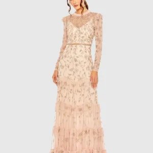 Pink High Neck Flutter Cap Long Sleeve Tiered Embellished Gown