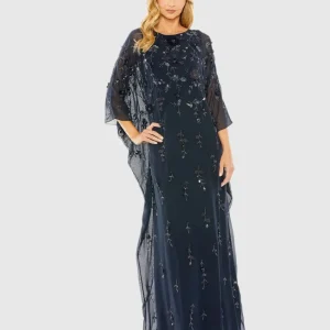 Navy Floral Embellished Kaftan Gown