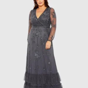 Gray Long Sleeve Embellished V-Neck Gown (Plus)