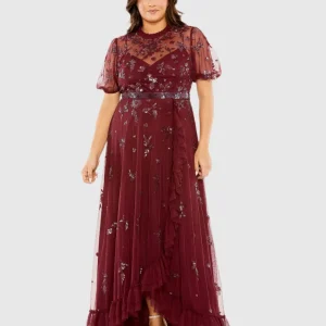 Red Short Sleeve Embellished Faux Wrap Gown (Plus)