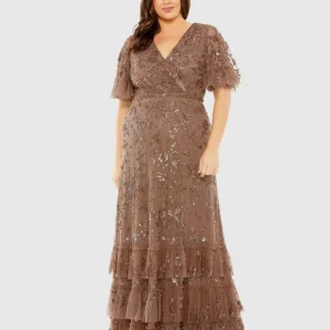 Sequin Embellished Flutter Sleeve Faux Wrap V-Neck Tiered Gown