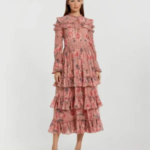 Pink Long Sleeve Lace Up Front Tiered Ruffle Dress