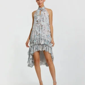 Multicolor Floral High Neck Keyhole Ruffle Mini Dress