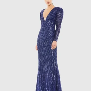 Beaded Puff Sleeve Trumpet Evening Gown