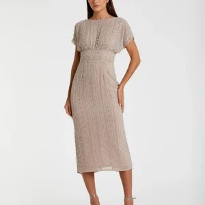 Beige Beaded Cap Sleeve Empire Waist Sheath Midi Dress