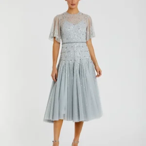 Blue Flutter Sleeve Beaded Tea Length Drop Waist Dress - FINAL SALE