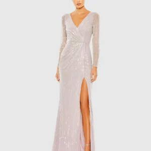 Sequined Faux Wrap Long Sleeve Gown