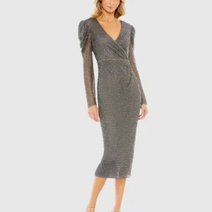 Beaded Wrap Over Puff Sleeve Dress