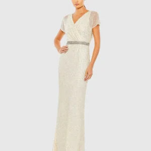 Beaded Short Sleeve Column Gown