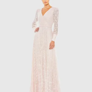 Beaded Lace Long Sleeve Wrap Over Gown