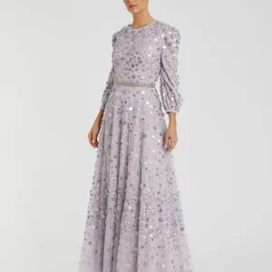 Floral Applique Puff Sleeve High Neck A-Line Gown