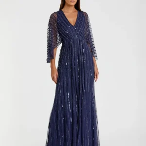 Beaded Striping Kimono Sleeve V Neck Gown