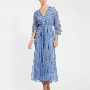 Blue Beaded Kimono V-Neck Empire Midi Dress