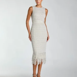 White Pearl Embellished Sleeveless Midi Dress