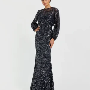 Navy Sequin Long Sleeve Blouson Evening Gown