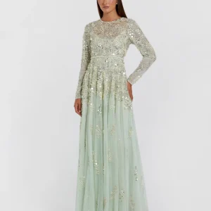 Green Long Sleeve Sequin Pearl Embellished Gown