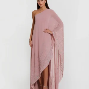 Pink One Shoulder Embellished Trim Kaftan Gown