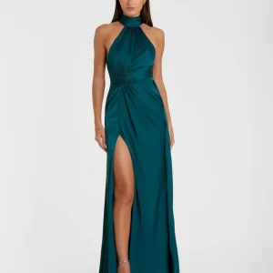Petite Blue Open Back High Neck Side Ruched Gown