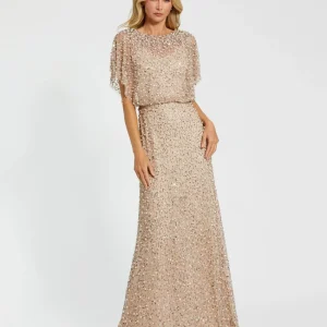 Petite Beige High Neck Short Sleeve Embellished Gown