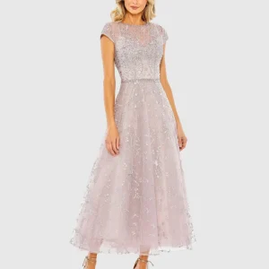 Petite Purple Embellished High Neck Cap Sleeve A Line Dress