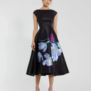 Petite Black Satin Cap Sleeve Midi Dress With Floral Print