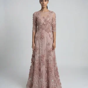 Petite Pink 3/4 Sleeve High Neck Embroidered A Line Gown