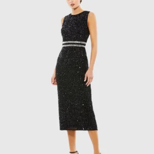 Black Sleeveless High Neck Beaded Midi Sheath Dress