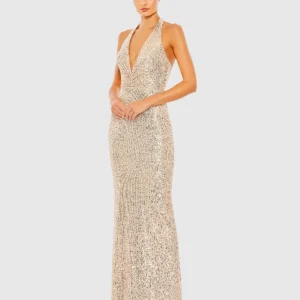 Sequined Halter Strap Plunge Neck Gown