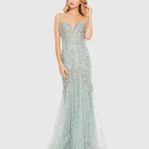 Green Embellished Sleeveless Plunge Neck Trumpet Gown