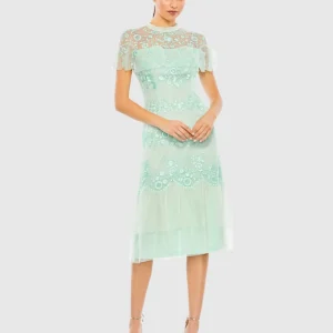 Green Embroidered Ruffled Cap Sleeve Midi Dress