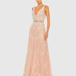 Sleeveless V-Neck Embellished Tulle Gown