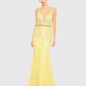 Applique Sleeveless Plunge Neck Trumpet Gown