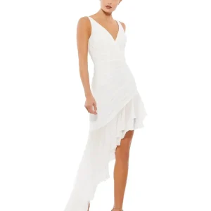 Asymmetrical Ruffled V-Neck Chiffon Dress