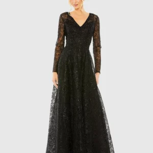 Crystal Embellished Long Sleeve V-Neck Gown
