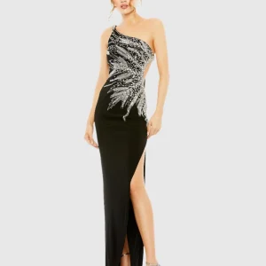 Black One Shoulder Cut Out Embellished Gown