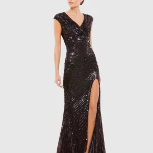 Brown and Black Embellished Cap Sleeve Evening Gown