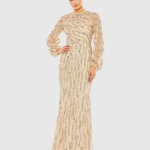 Gold Embellished High Neck Puff Sleeve Trumpet Gown