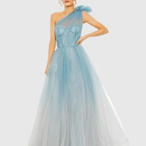 Blue Glitter One-Shoulder Ombre Gown with Bow