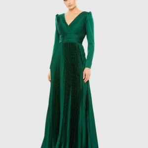 Green Pleated Long Sleeve V-Neck Gown