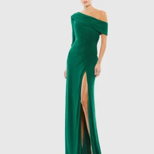 Green Ruched Jersey Drop Shoulder Foldover Gown