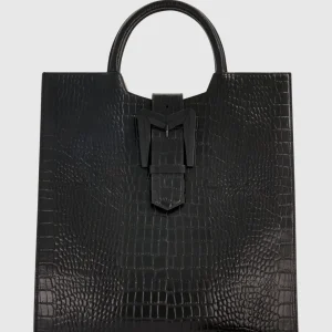 Black Buckled Maxi Croco Leather Tote Bag